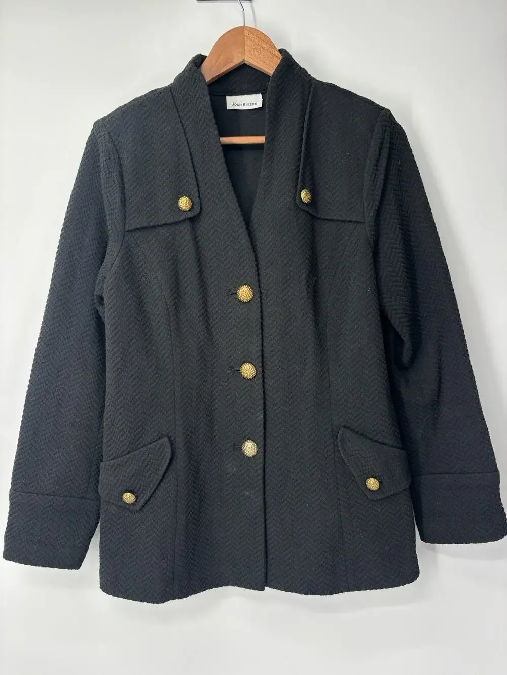Joan Rivers Womens Black Textured Blazer Jacket Size Medium Gold Buttons Pockets